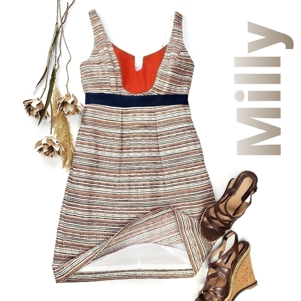 MILLY  Tan Blue Orange Picked Cotten Linen Dress 2